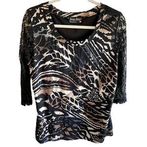 Tango Mango Black Patterned 3/4 Sleeve Lace Back‎ Sheer Sleeves Blouse Size L